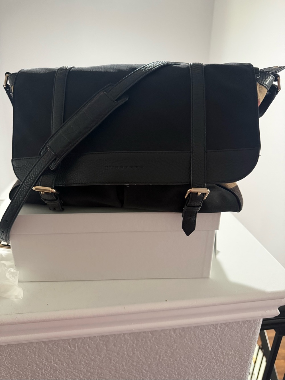 BURBERRY Black Leather House Check Canvas Mason Diaper Bag 🖤